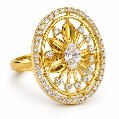 White Center Stone Oval Sunburst Ring - Gold Plated