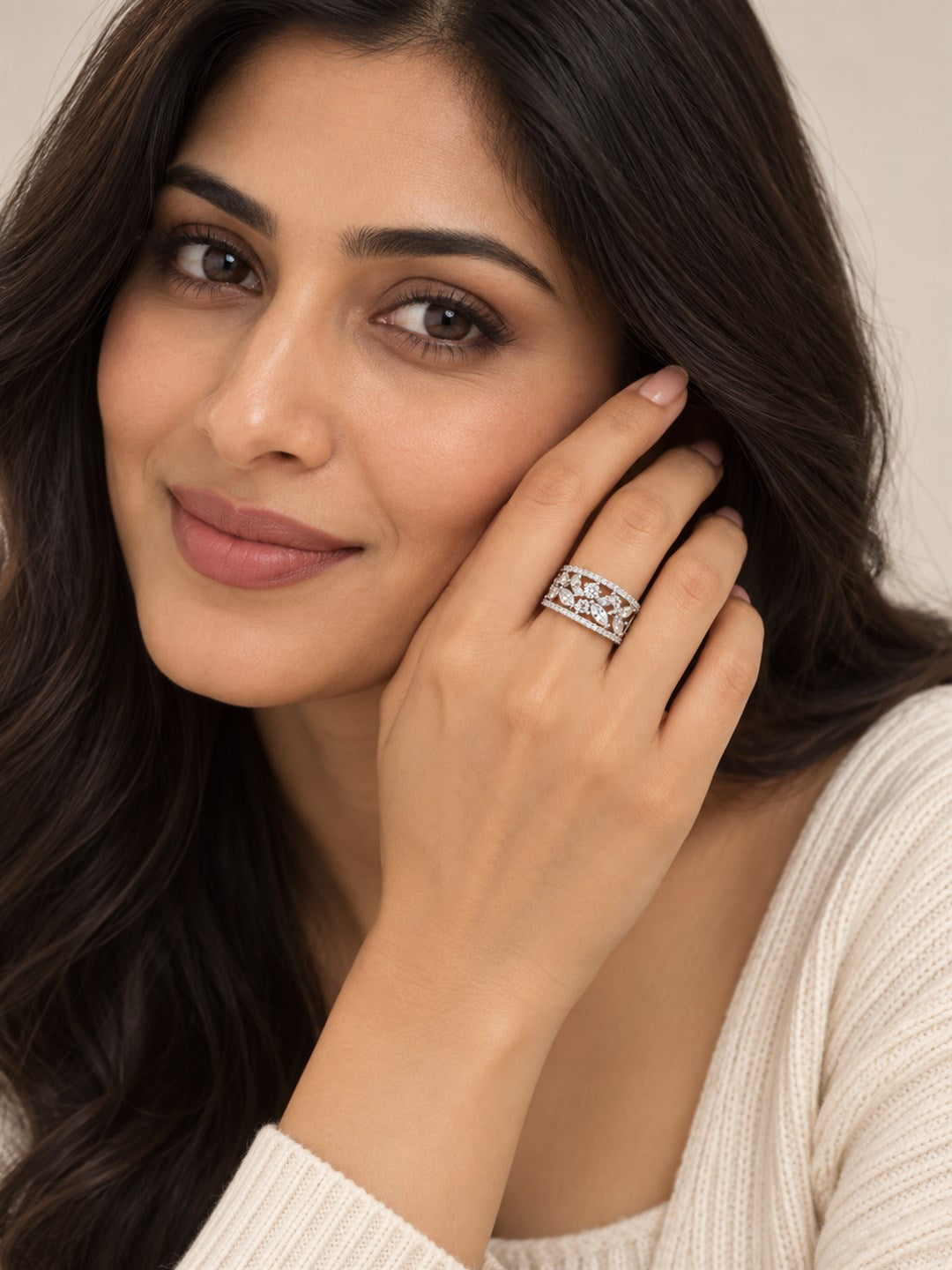 Clear Marquise Floral Band Ring - Silver Plated
