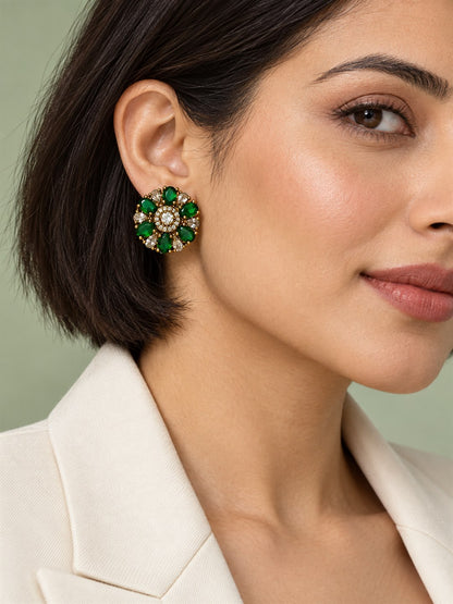Green Oval Petal Floral Stud Earrings - Gold Plated on a model