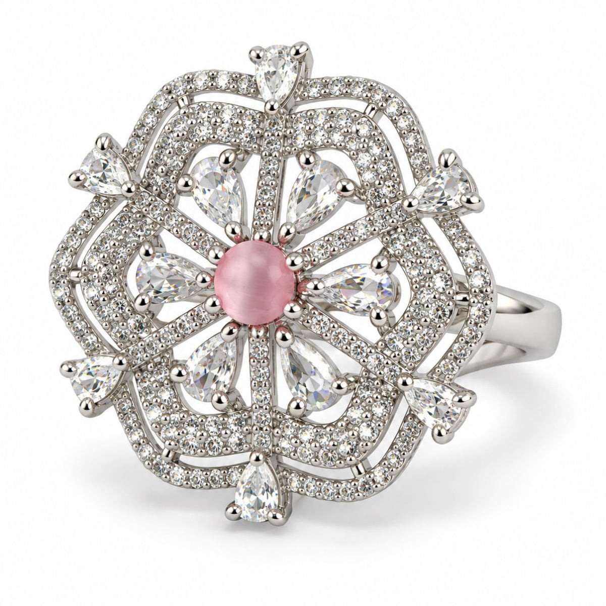 Pink Round Center Geometric Flower Ring - Silver Plated - product view