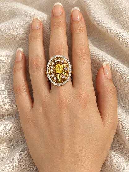 Yellow Center Stone Oval Sunburst Ring - Gold Plated - model close-up