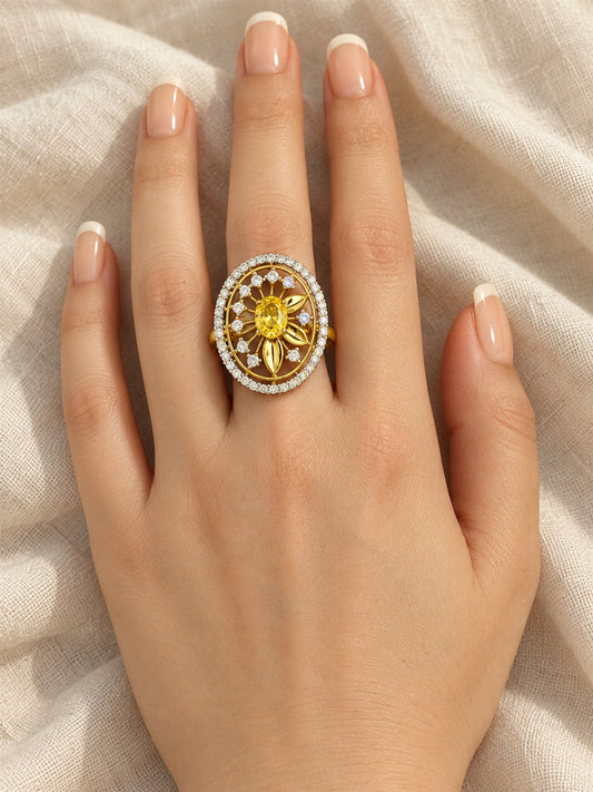 Yellow Center Stone Oval Sunburst Ring - Gold Plated - model close-up