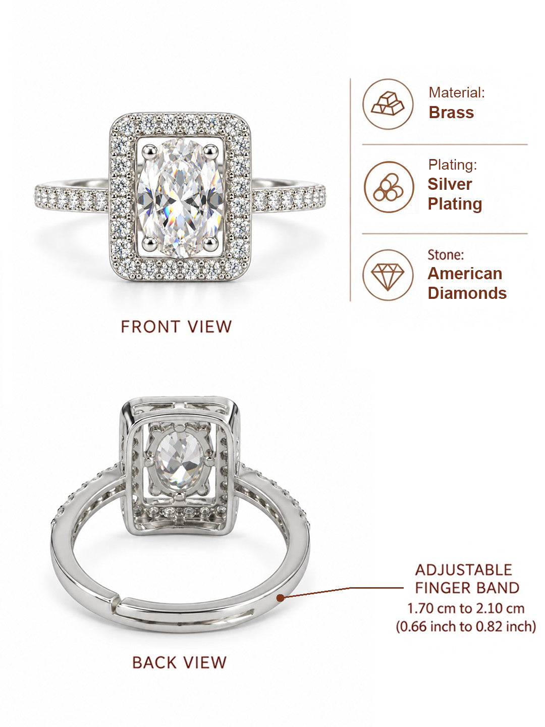 Clear Rectangular Stone Halo Ring - Silver Plated, image6
