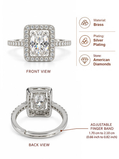 Clear Rectangular Stone Halo Ring - Silver Plated, image6
