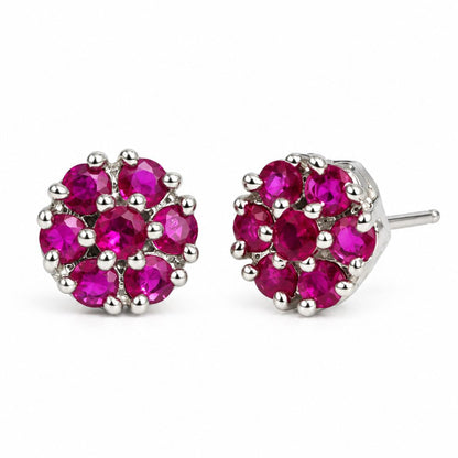 Magenta Stone Floral Cluster Stud Earrings, silver plated