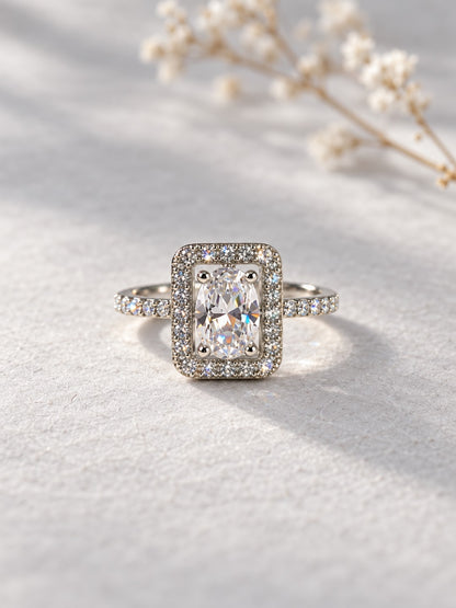 Clear Rectangular Stone Halo Ring - Silver Plated, image4