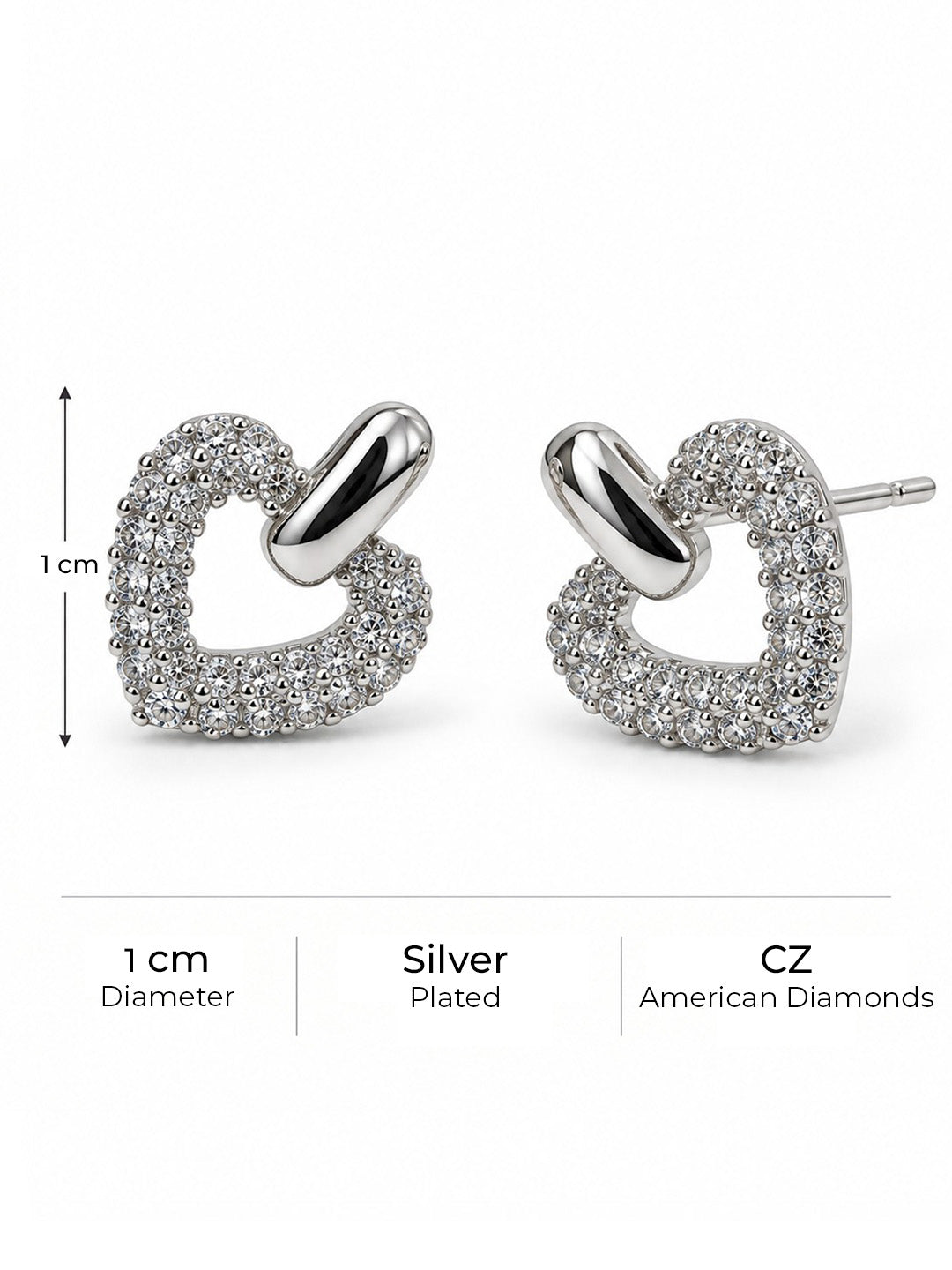 Clear Pave Open Heart Stud Earrings, silver plated, size and plating details