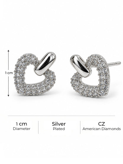 Clear Pave Open Heart Stud Earrings, silver plated, size and plating details