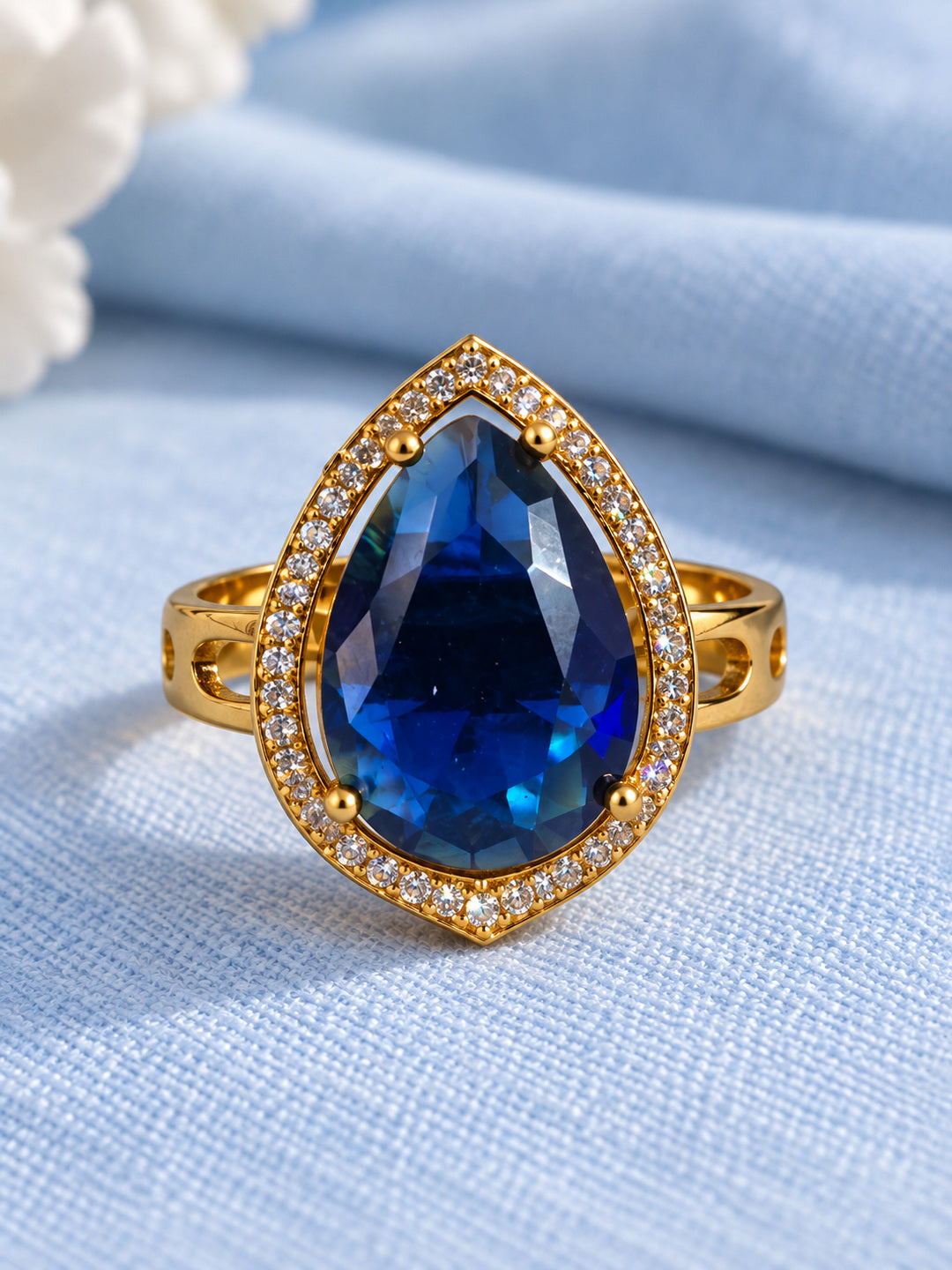 Blue Teardrop Stone Halo Ring - Gold Plated, additional view 3