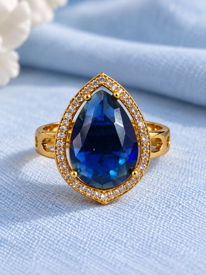 Blue Teardrop Stone Halo Ring - Gold Plated, additional view 3