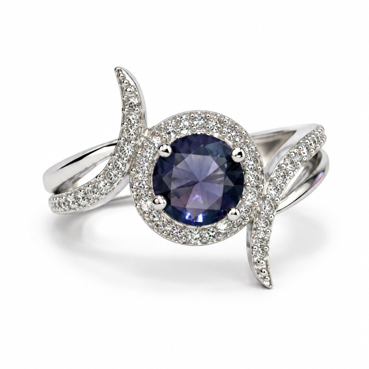 Purple Round Halo Swirl Ring - Silver Plated