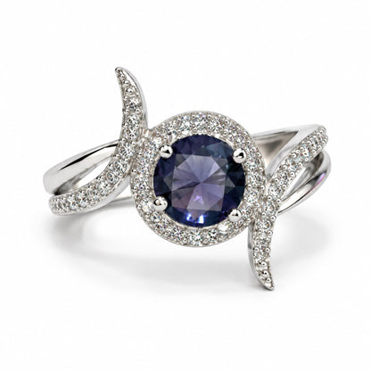 Purple Round Halo Swirl Ring - Silver Plated