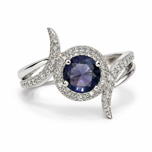 Purple Round Halo Swirl Ring - Silver Plated