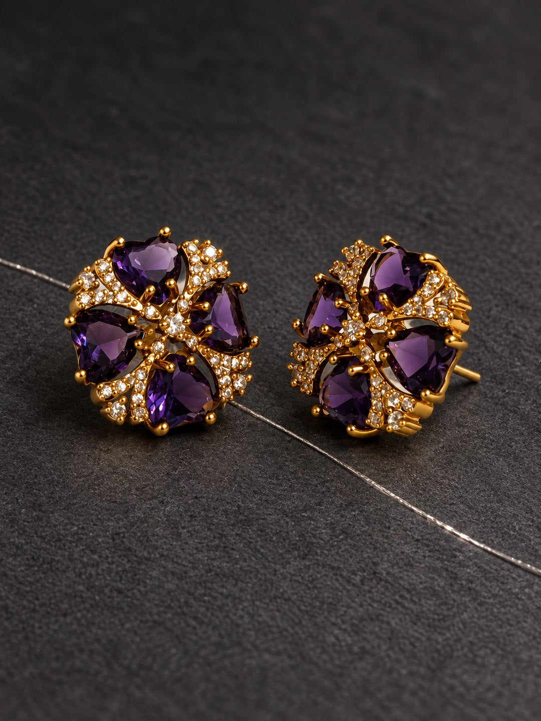 Purple Four Heart Floral Stud Earrings - Gold Plated