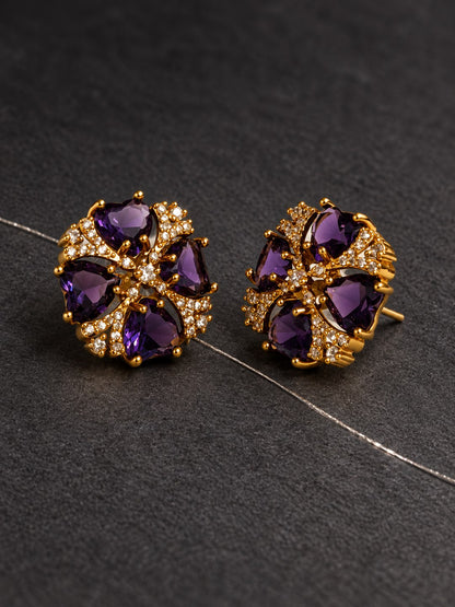 Purple Four Heart Floral Stud Earrings - Gold Plated
