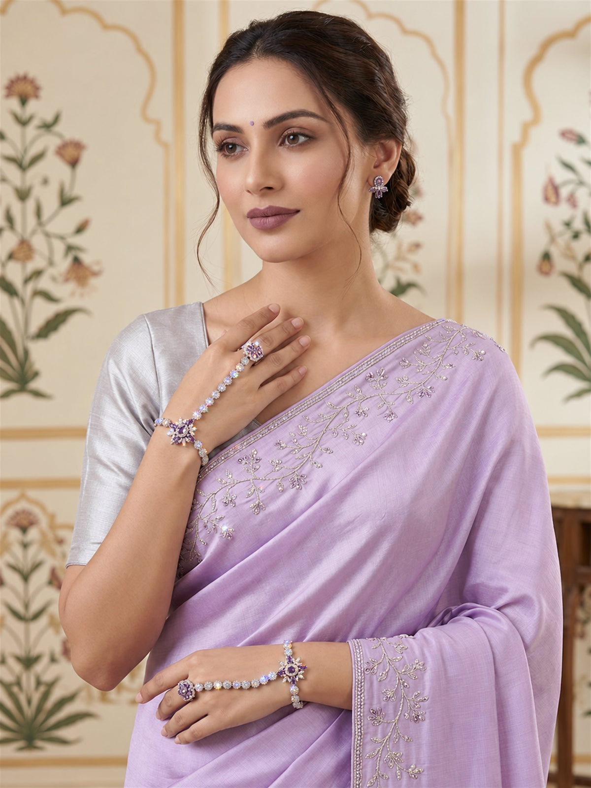 Purple silver-plated floral round-stone chain hathphool