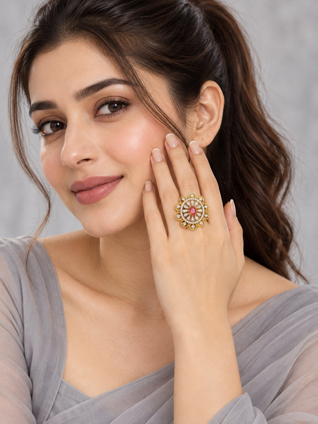 Red Center Stone Scalloped Floral Halo Ring - Gold Plated
