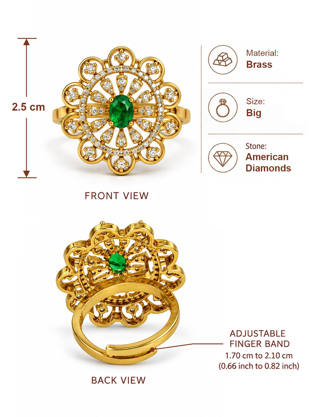 Green Stone Scalloped Sunburst Ring - Gold Plated, additional view 6