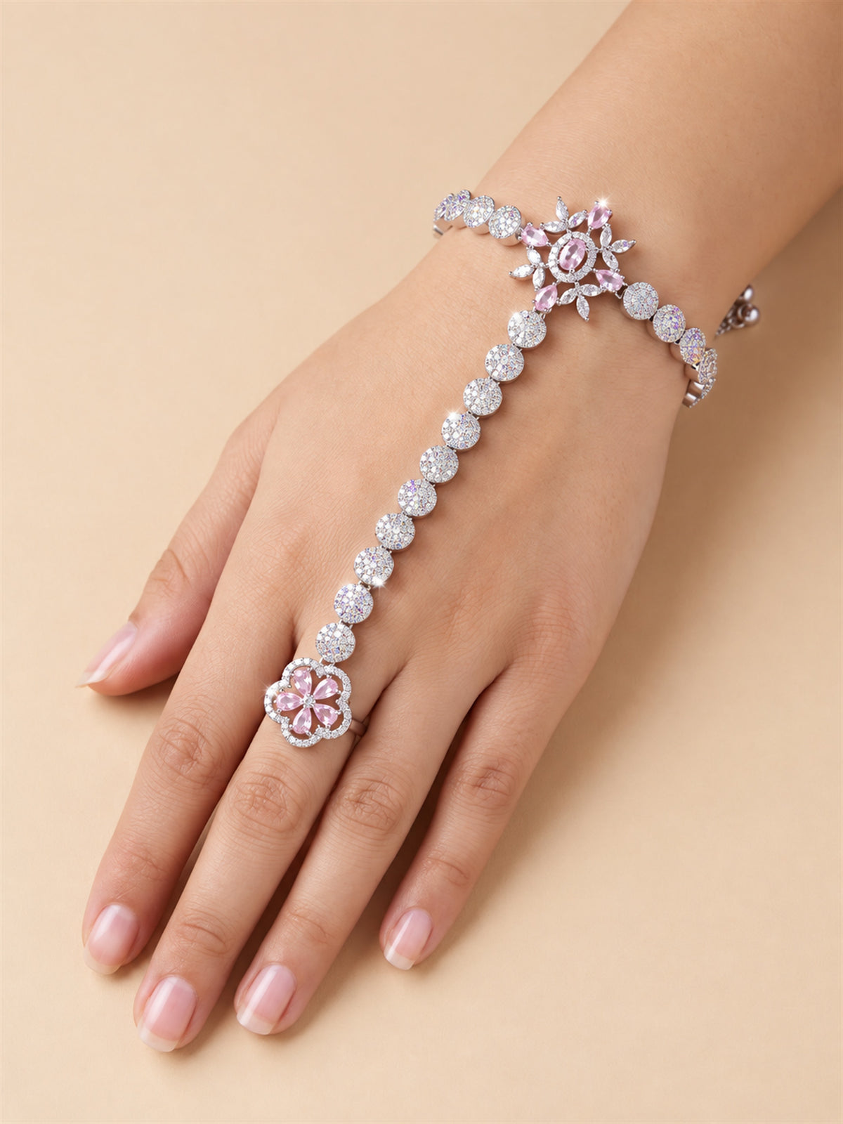 Pink silver-plated floral round-stone chain hathphool worn on hand