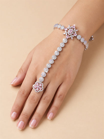 Pink silver-plated floral round-stone chain hathphool worn on hand