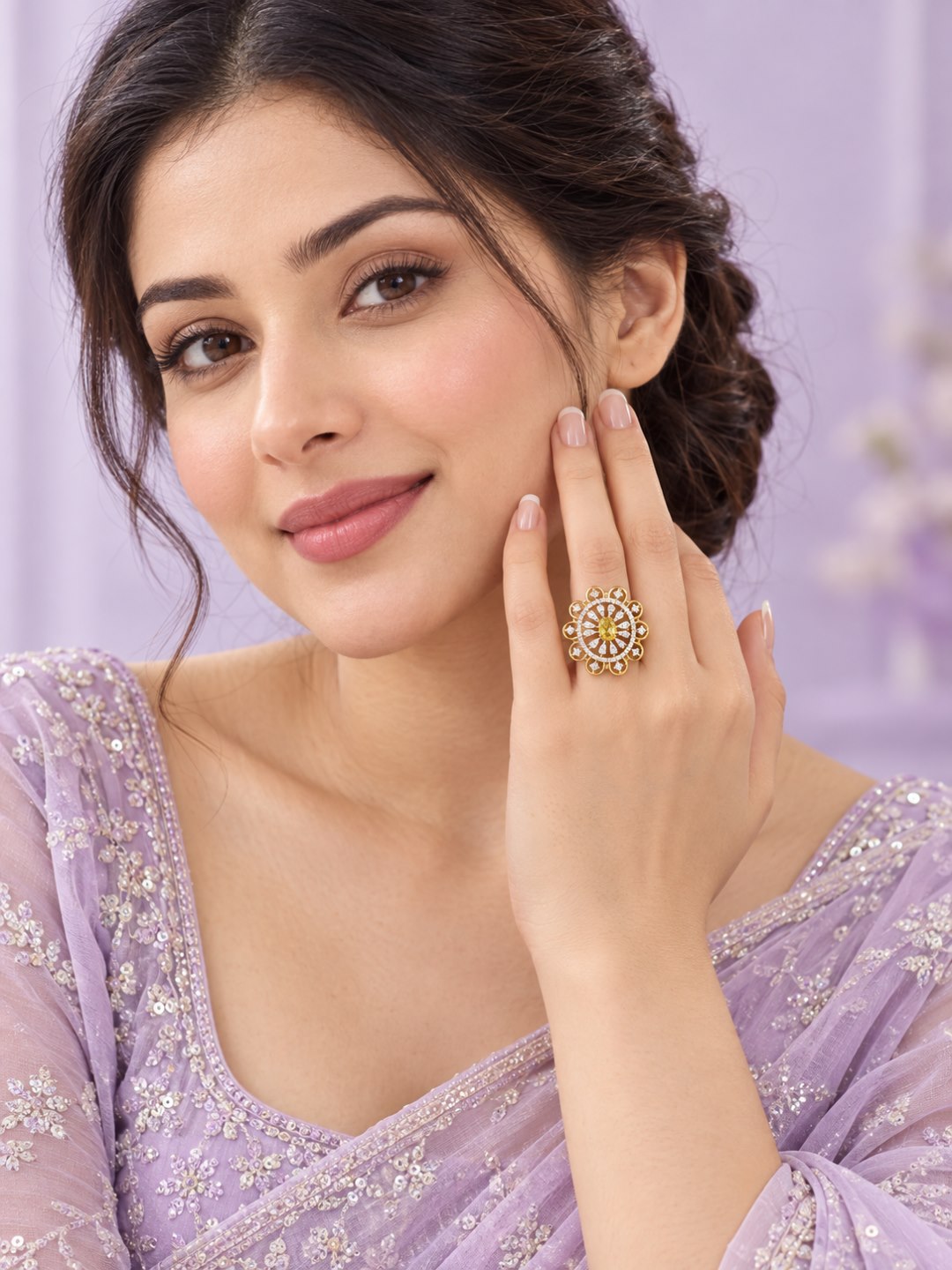 Yellow Center Stone Scalloped Floral Halo Ring - Gold Plated
