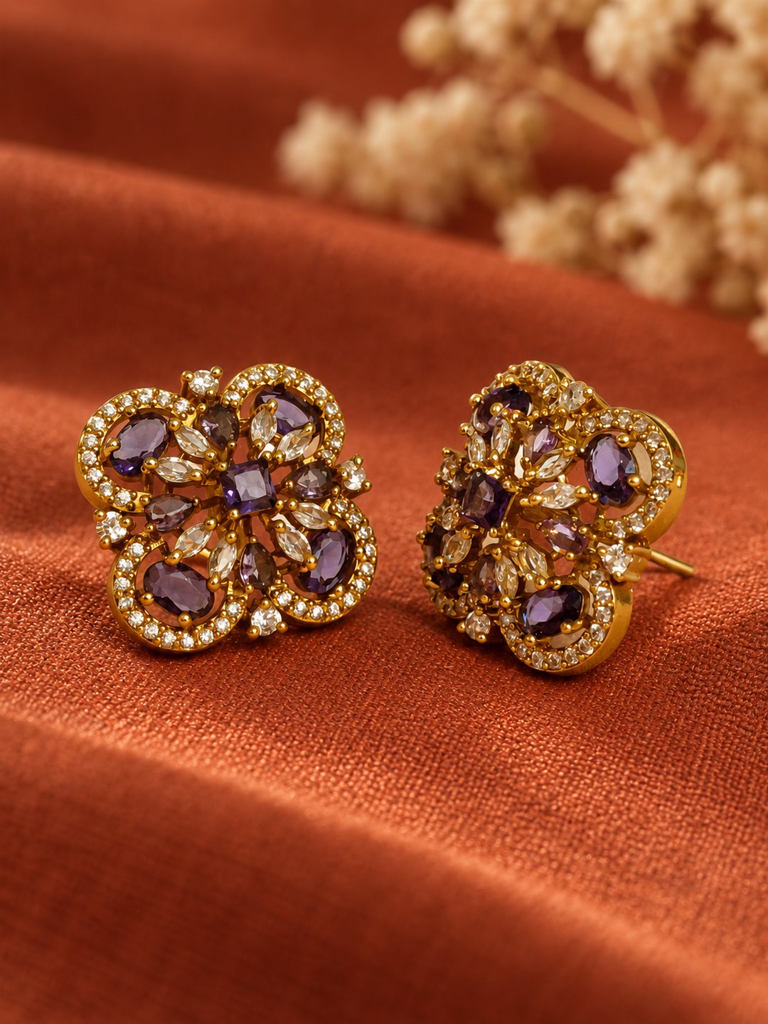 Purple Four Petal Oval Stone Stud Earrings - Gold Plated