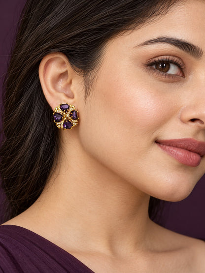 Purple Four Heart Floral Stud Earrings - Gold Plated on a model