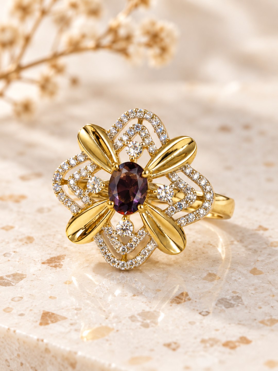 Purple Center Stone Four-Petal Floral Ring - Gold Plated
