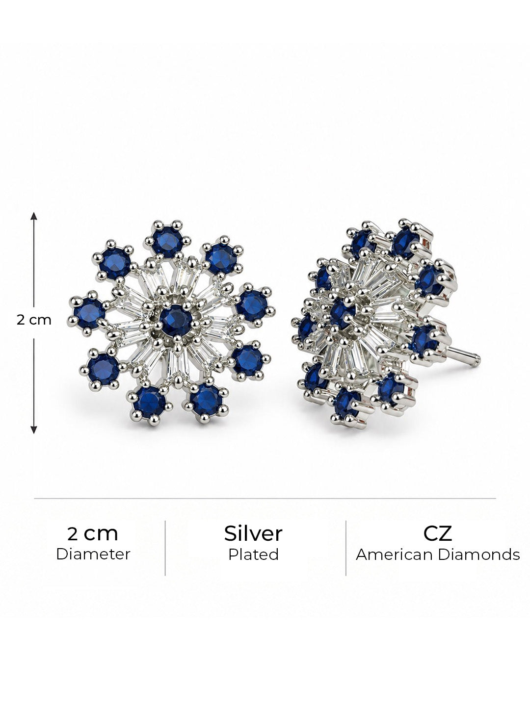 Blue Baguette Sunburst Stud Earrings, silver plated, size and plating details