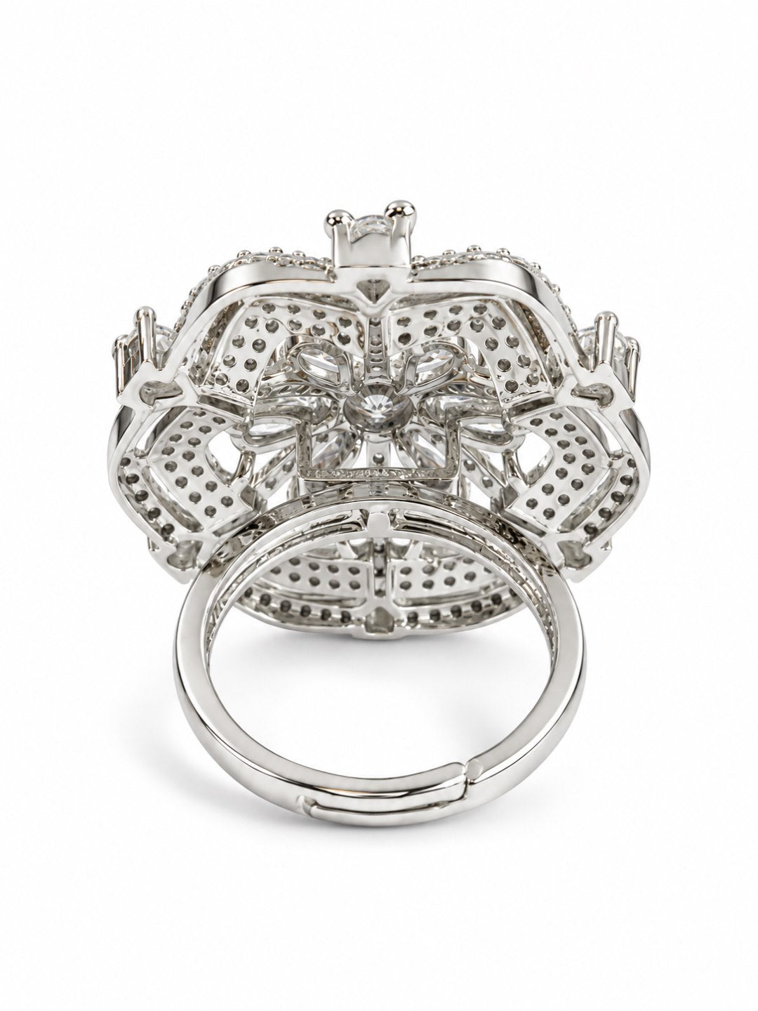 Clear Round Center Geometric Flower Ring - Silver Plated - alternate view