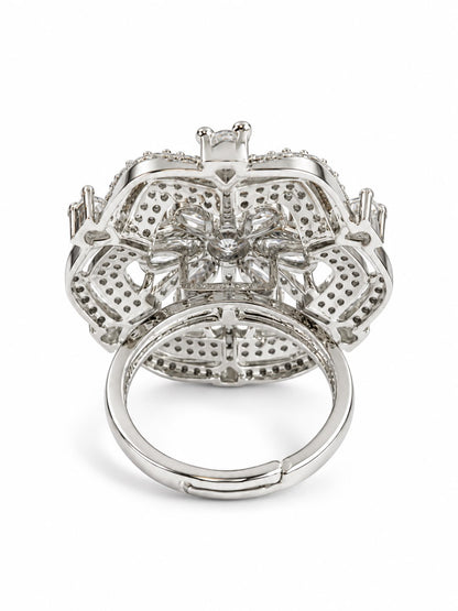 Clear Round Center Geometric Flower Ring - Silver Plated - alternate view