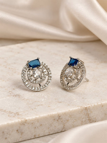 Blue Stone Double Halo Stud Earrings, silver plated, lifestyle view