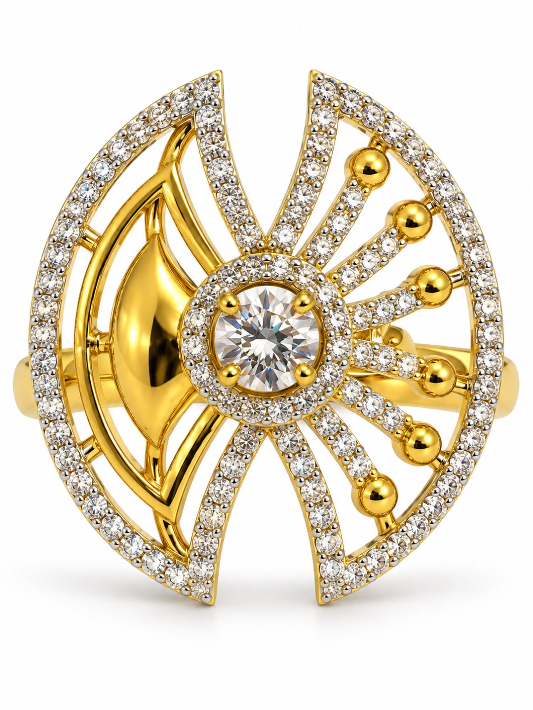 White Center Stone Fan Motif Ring - Gold Plated