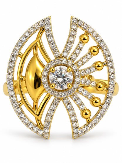 White Center Stone Fan Motif Ring - Gold Plated