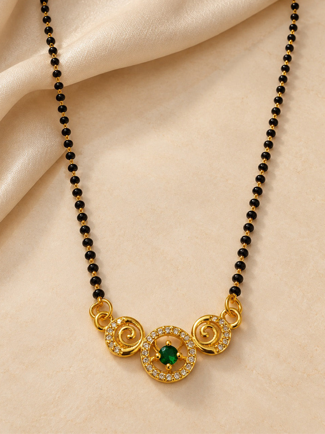 Green round stone and spiral gold-plated mangalsutra
