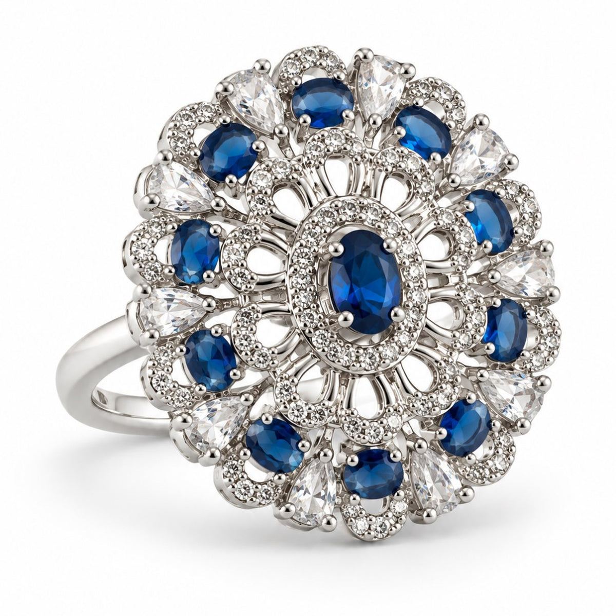 Blue Oval Center Floral Cluster Ring - Silver Plated - product view