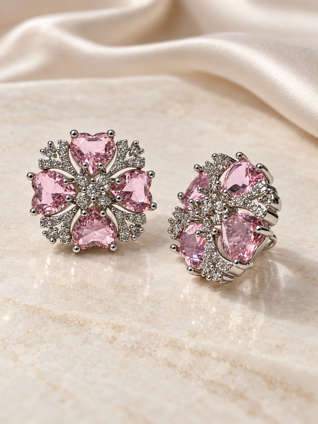 Pink Heart Stone Floral Stud Earrings in silver plating