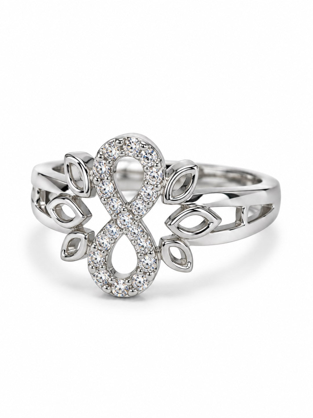 Clear Infinity Leaf Ring - Silver Plated