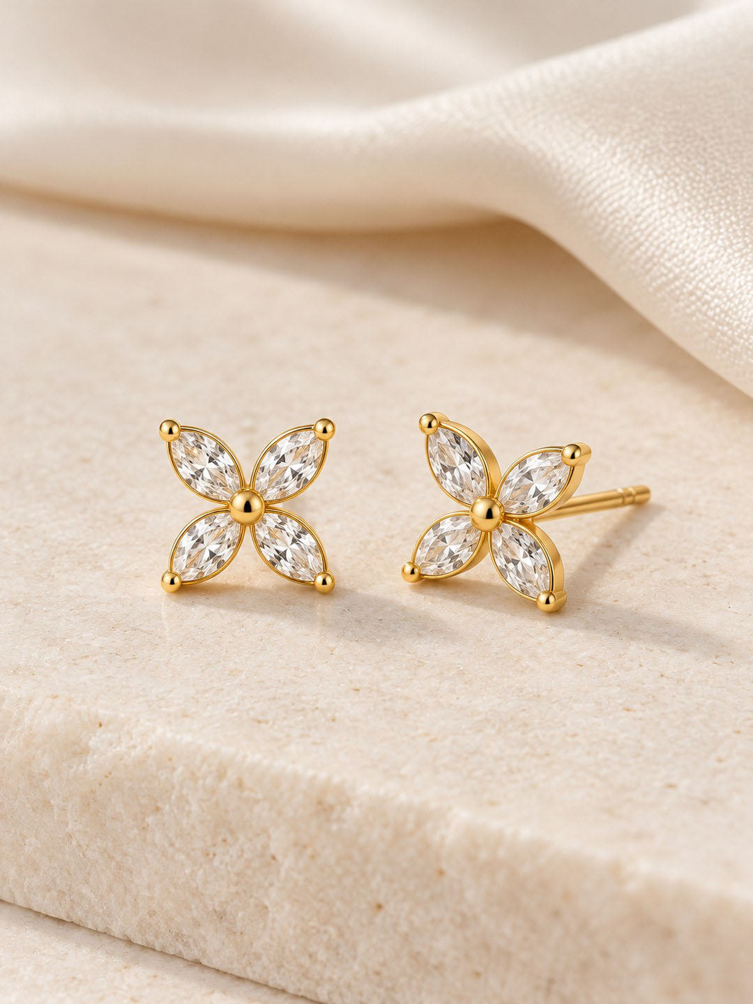 Clear Marquise Stone Four Petal Stud Earrings - Gold Plated, additional view 3