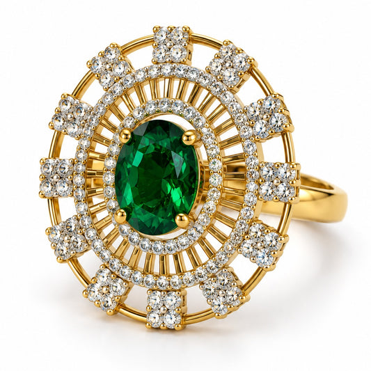 Green Center Stone Baguette Halo Ring - Gold Plated