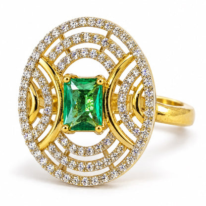 Sea Green Center Stone Oval Geometric Halo Ring - Gold Plated