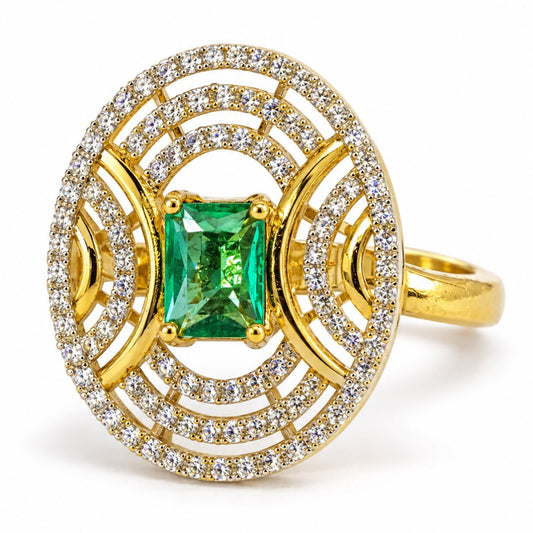Sea Green Center Stone Oval Geometric Halo Ring - Gold Plated