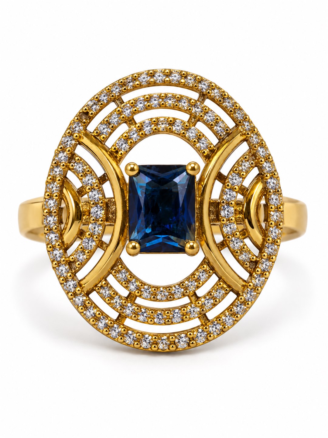 Blue Stone Rectangular Stone Oval Halo Ring - Gold Plated, additional view 4