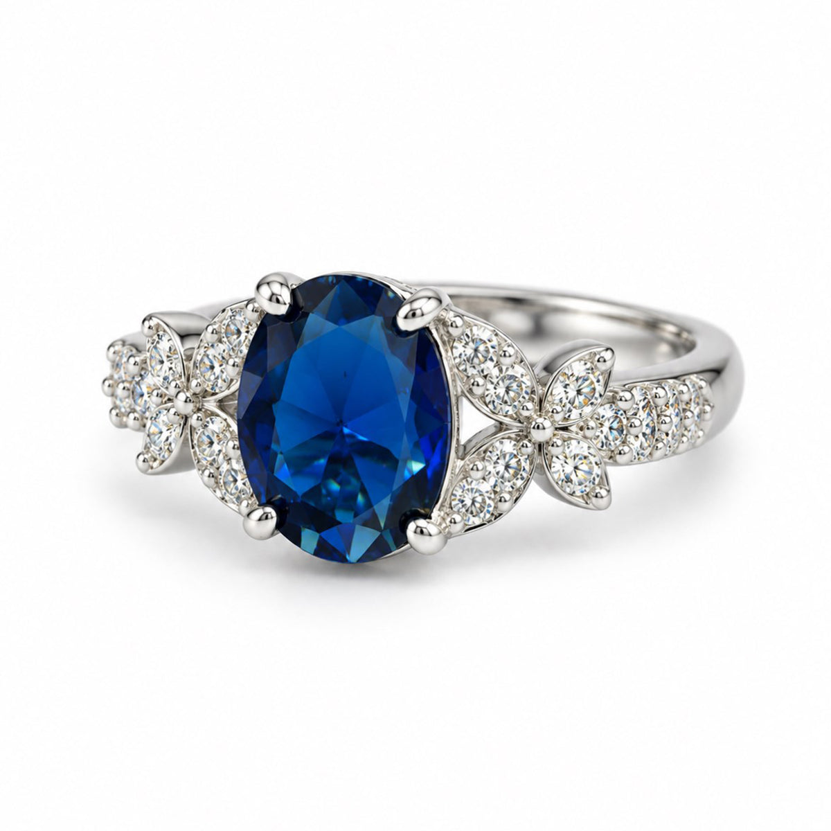 Blue Oval Center Stone Floral Shoulder Ring - Silver Plated