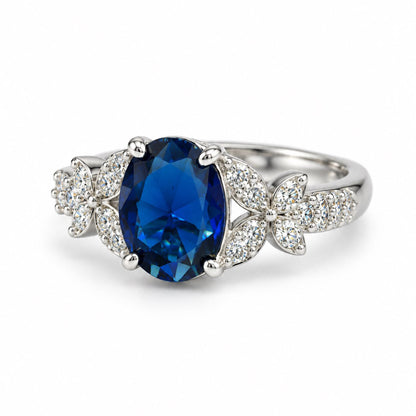 Blue Oval Center Stone Floral Shoulder Ring - Silver Plated