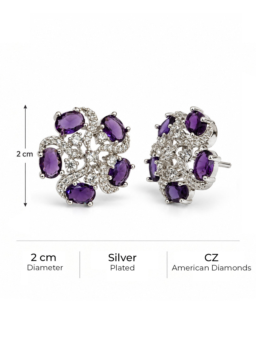 Purple Oval Stone Floral Stud Earrings in silver plating