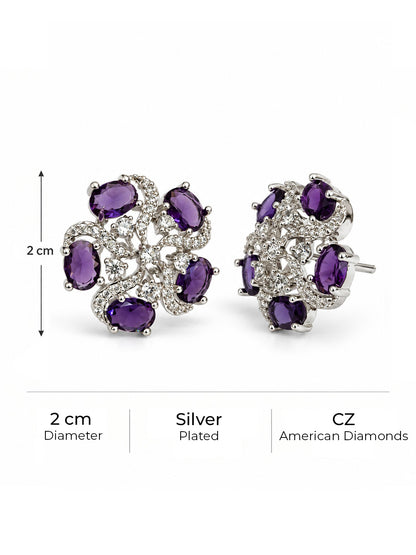 Purple Oval Stone Floral Stud Earrings in silver plating