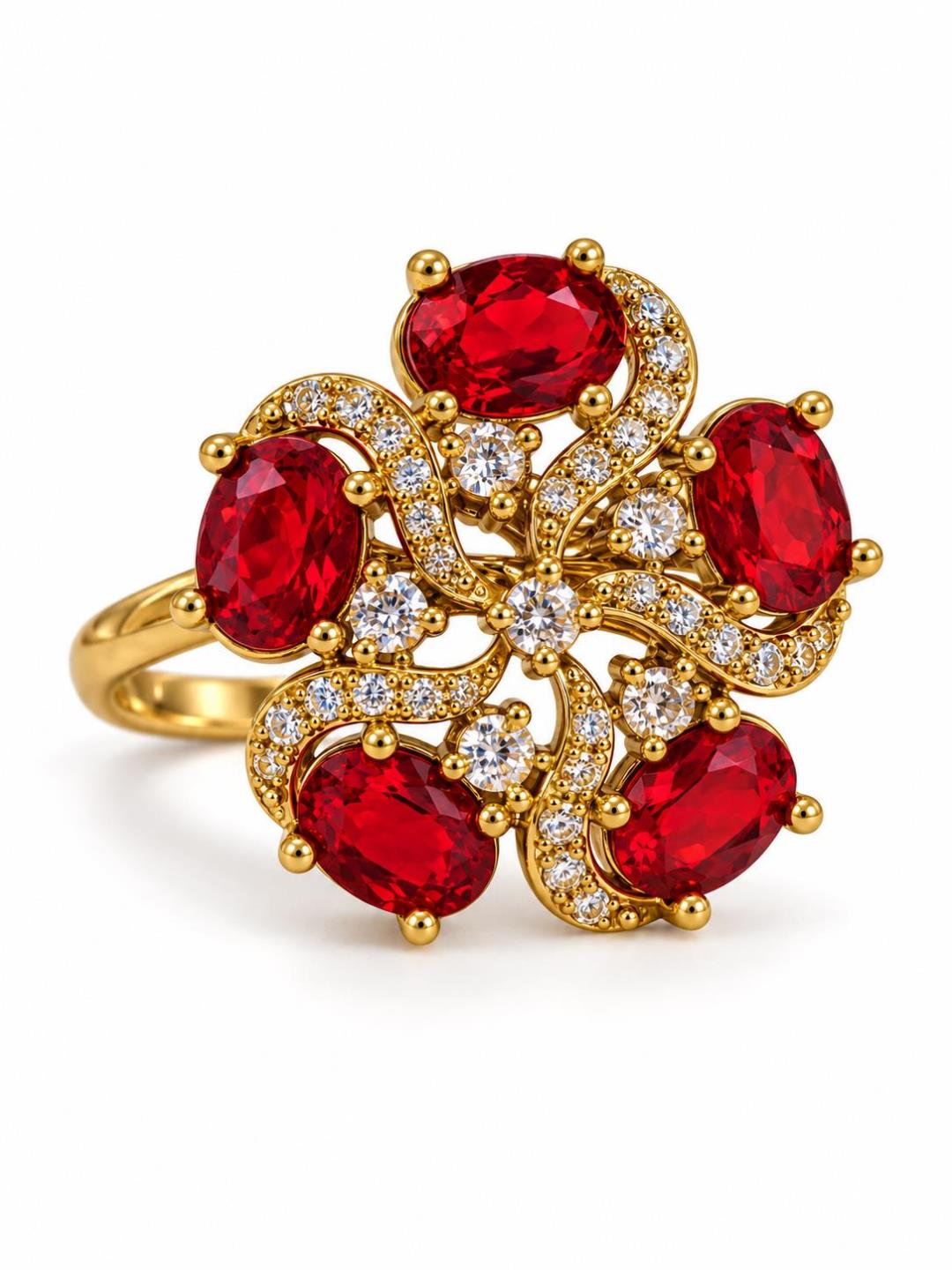 Red Stone Five Petal Swirl Ring - Gold Plated, additional view 1