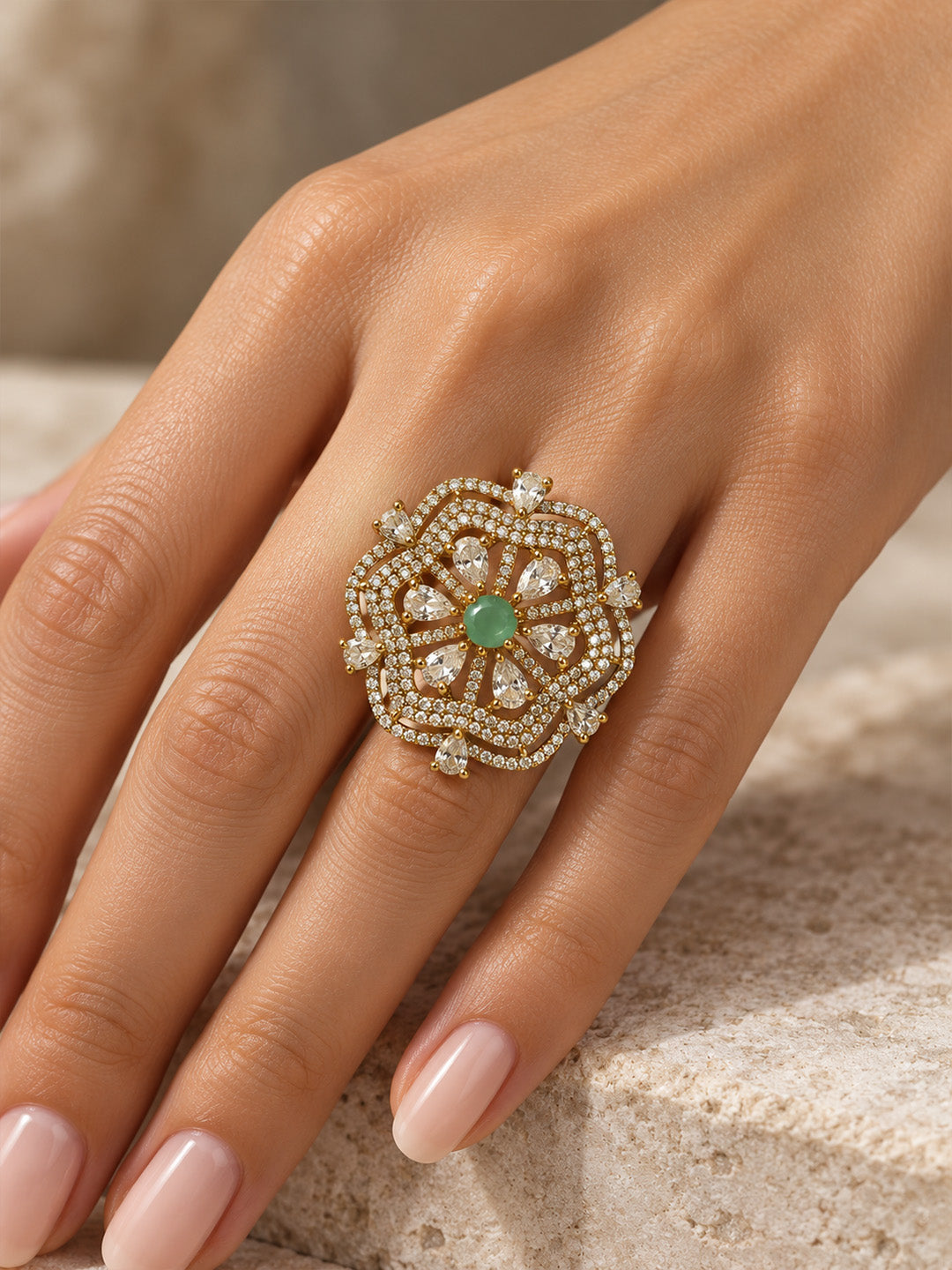 Mint Green Stone Scalloped Floral Halo Ring - Gold Plated, model close-up
