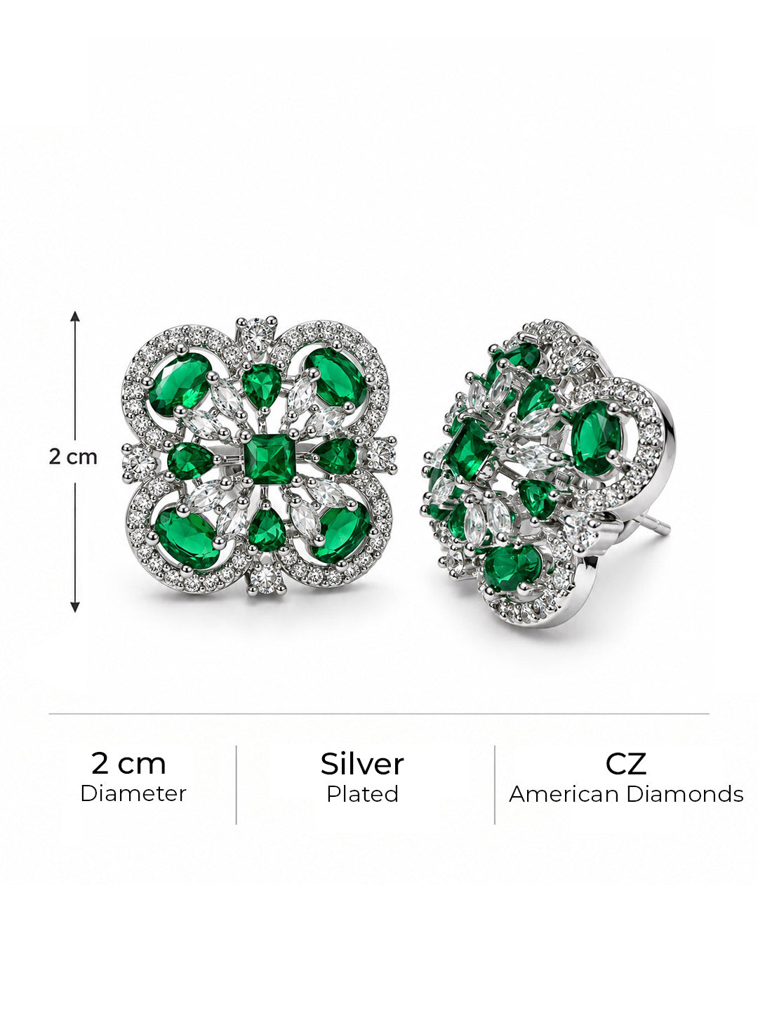 Green Scrollwork Floral Stud Earrings in silver plating